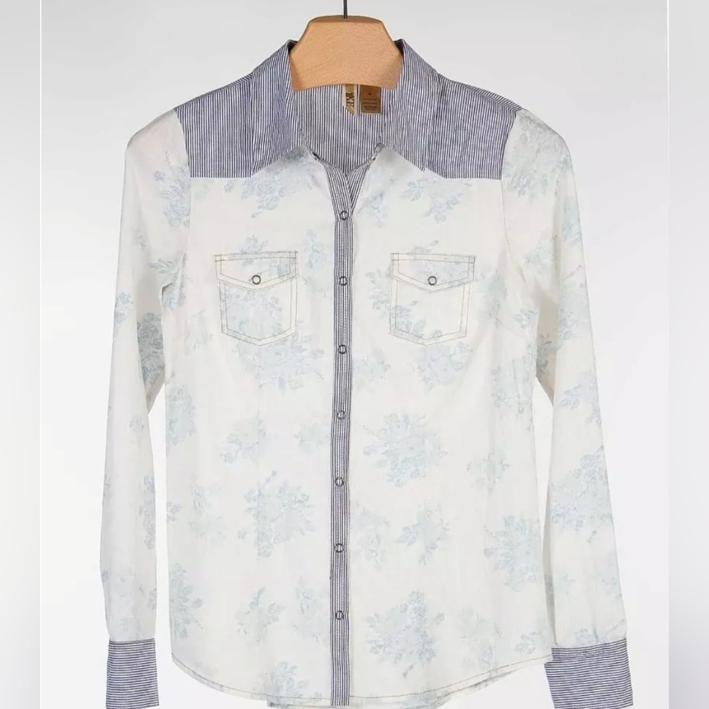 Fitted BKE Buckle Navy &  White Striped Shirt w/Floral Design & Pearl Snap